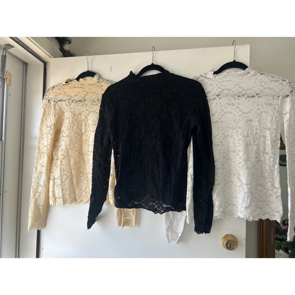 Fashion‎ Floral Lace Mock Neck Layer Top Set of 3 Black White Ivory M Festival